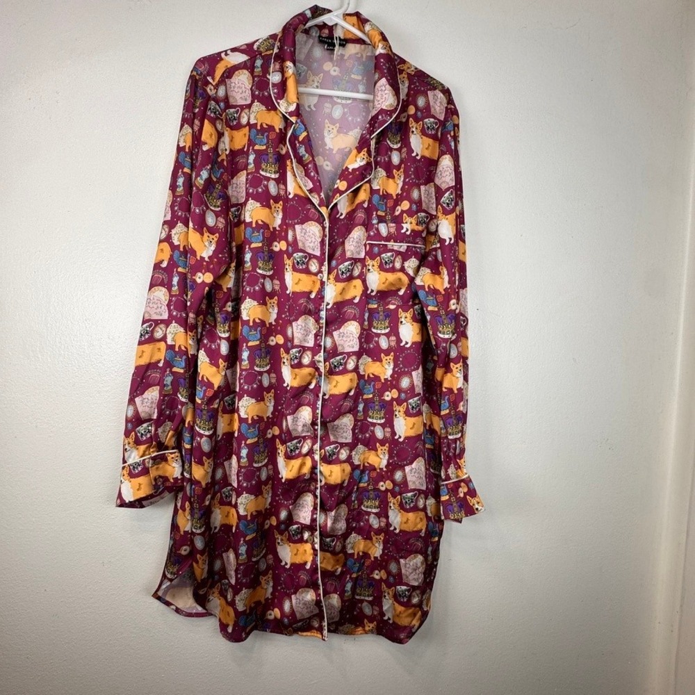 Karen Mabon Corgi Royal Crown Print Satin Sleep Shirt Burgundy XXL Long Sleeve